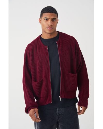 BoohooMAN Oversized Pleated Knitted Bomber - Red