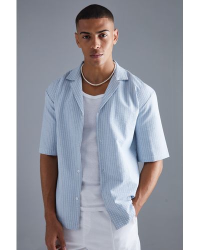 BoohooMAN Short Sleeve Drop Revere Textured Stripe Shirt - Blue