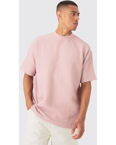 BoohooMAN Oversized Extended Neck Waffle T-shirt - Pink