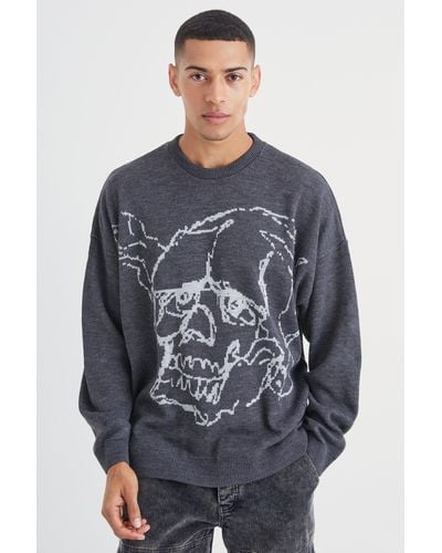 BoohooMAN Oversized Line Graphic Skull Knitted Sweater - Blue