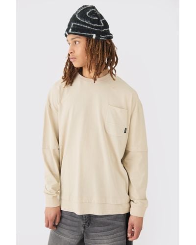 BoohooMAN Oversized Washed Carded Heavy Faux Layer T-shirt - Natural