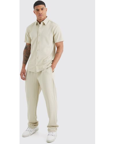 BoohooMAN Short Sleeve Jersey Herringbone Shirt And Trouser Set - White