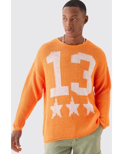 BoohooMAN Oversized Boxy Jacquard Varsity Open Stitch Sweater In Orange