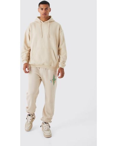 BoohooMAN Oversized Blurred Star Hooded Tracksuit - Natural