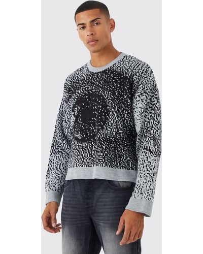 BoohooMAN Boxy Drop Shoulder Eye Graphic Knitted Jumper - Grey