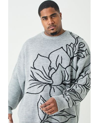 BoohooMAN Plus Oversized Knitted Line Drawing Drop Shoulder Jumper - Grey