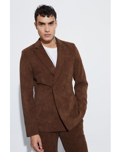 BoohooMAN Skinny Fit Double Breasted Corduroy Blazer - Brown