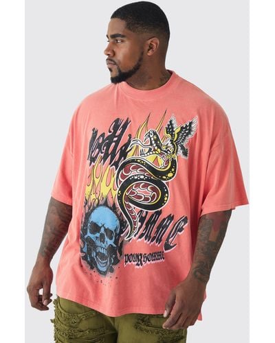 BoohooMAN Plus Doodle Skull Printed T-shirt In Coral - Pink
