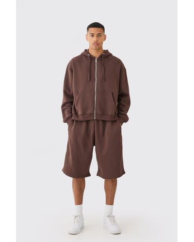 BoohooMAN Oversized Boxy Zip Through Hoodie And Long Line Shorts Set - Brown