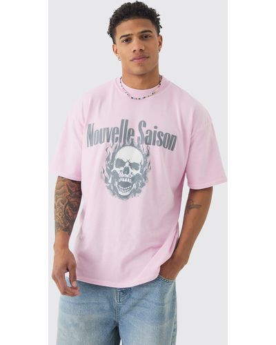 BoohooMAN Oversized Extended Neck Washed Nouvelle Skull Tshirt - Pink