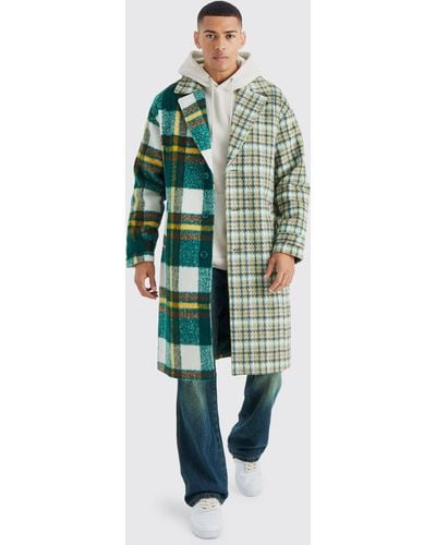 BoohooMAN Wool Look Check Colourblock Overcoat - Green