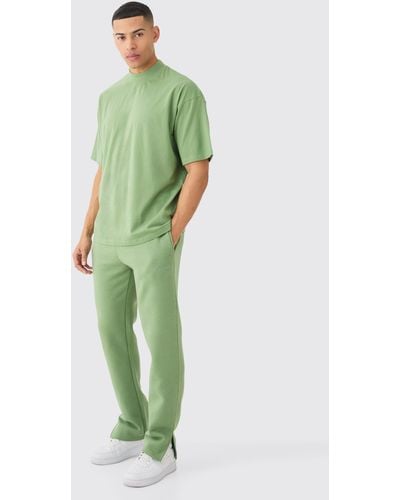 BoohooMAN Man Signature Oversized Extended Neck Tshirt And Jogger Set - Green