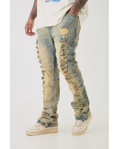 BoohooMAN Plus Distressed Stretch Skinny Flared Jeans - White