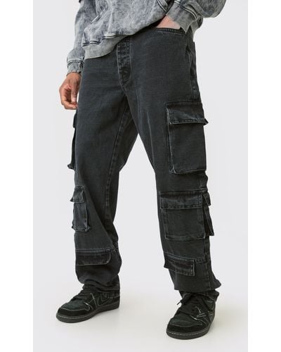 BoohooMAN Tall Relaxed Fit Acid Wash Cargo Jean - Black