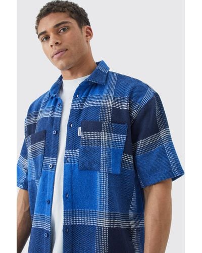 BoohooMAN Oversized Fleece Woven Tab Check Overshirt - Blue