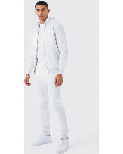 BoohooMAN Slim Color Block Funnel Neck Hooded Tracksuit - White