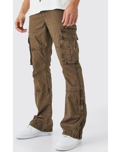 BoohooMAN Slim Flare Zip Gusset Overdye Acid Wash Cargo Trouser - Black