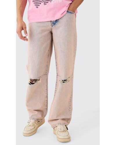 BoohooMAN Baggy Rigid Pink Tint Slit Knee Jeans