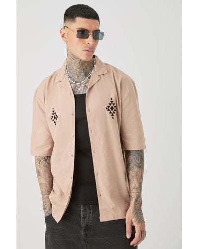 BoohooMAN Tall Linen Embroidered Drop Revere Shirt In Taupe - Natural