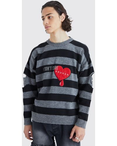 BoohooMAN Oversized Striped Brushed Distressed Jumper - Grey