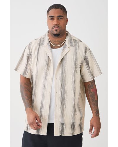 BoohooMAN Plus Short Sleeve Oversized Revere Abstact Open Weave Shirt - Natural
