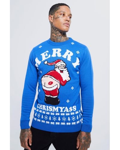BoohooMAN Merry Chrismyass Christmas Sweater - Blue