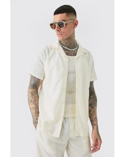 BoohooMAN Tall Linen Drop Revere Shirt In Ecru - White