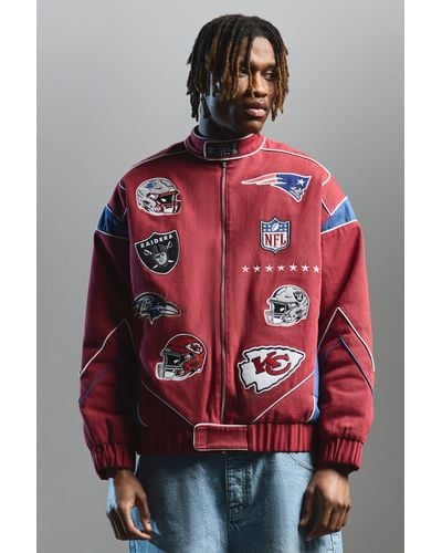 BoohooMAN Nfl Oversized Moto Pu Jacket With Applique Badges - Red
