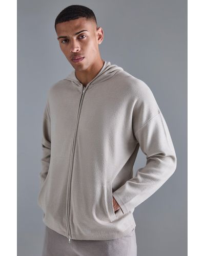 BoohooMAN Regular Fit Dual Zip Through Knitted Hoodie - Grey