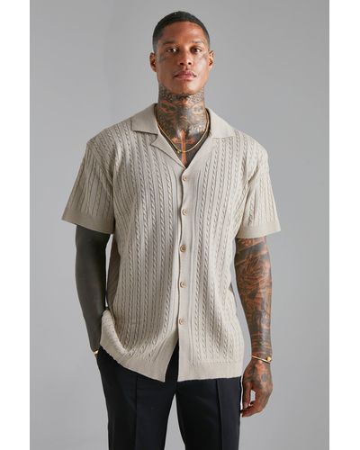 Boohoo Short Sleeve Revere Cable Knit Shirt - Natural