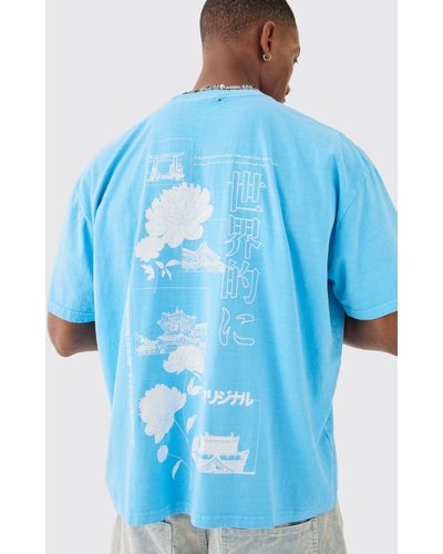 BoohooMAN Oversized Washed Stencil Floral T-shirt - Blue