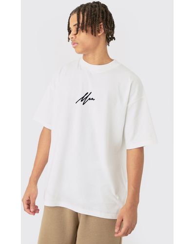 BoohooMAN Oversized Extended Neck Flock Printed T-shirt - White