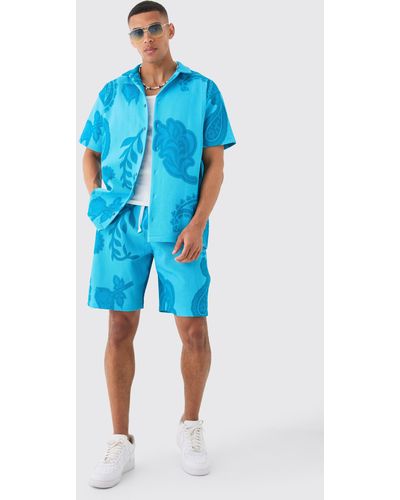 BoohooMAN Oversized Paisley Tonal Printed Pleated Shirt & Short Set - Blue