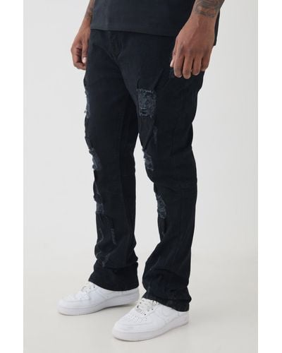 BoohooMAN Plus Distressed Multi Ripped Skinny Flared Jeans - Black