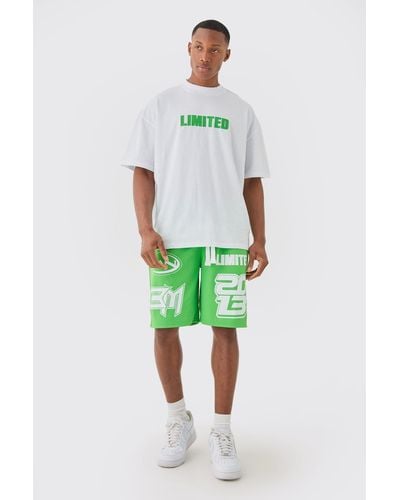 BoohooMAN Oversized Extended Neck Limited T-shirt & Mesh Shorts - Green