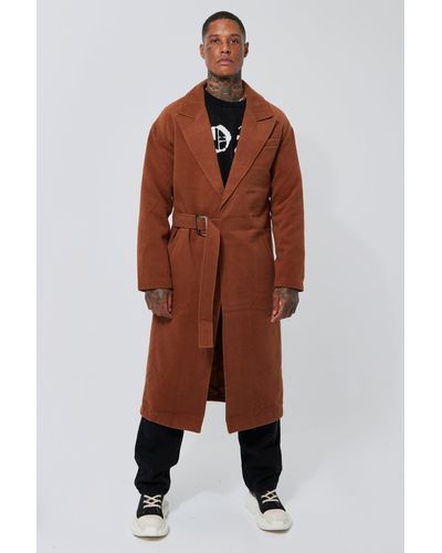 BoohooMAN Wool Look Brass Buckle Longline Overcoat - Brown