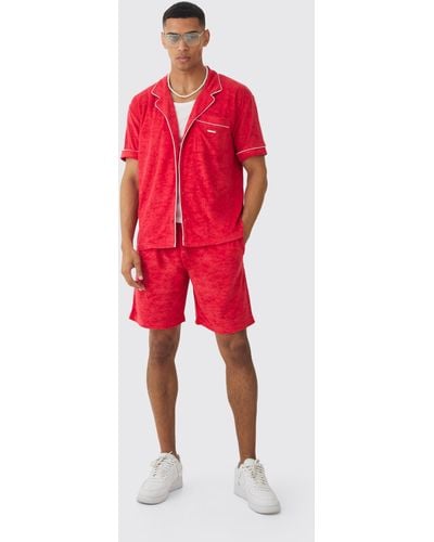 BoohooMAN Contrast Piping Towelling Shirt And Short Set - Rot