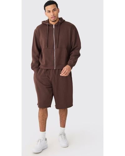 BoohooMAN Oversized Boxy Zip Through Hoodie And Long Line Shorts Set - Brown