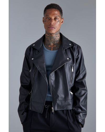 BoohooMAN Boxy Fit Faux Leather Biker Jacket - Gray