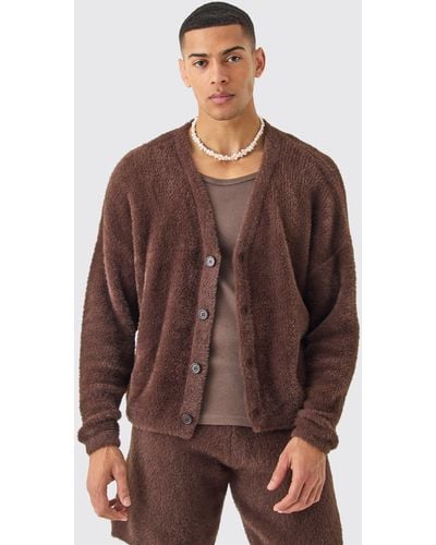 BoohooMAN Fluffy Knit Cardigan In Brown