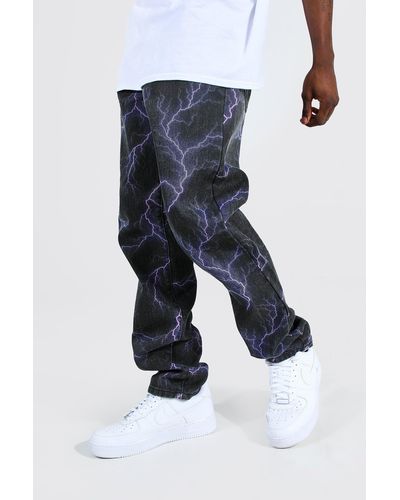 BoohooMAN Relaxed Fit Lightning Printed Jeans - Purple