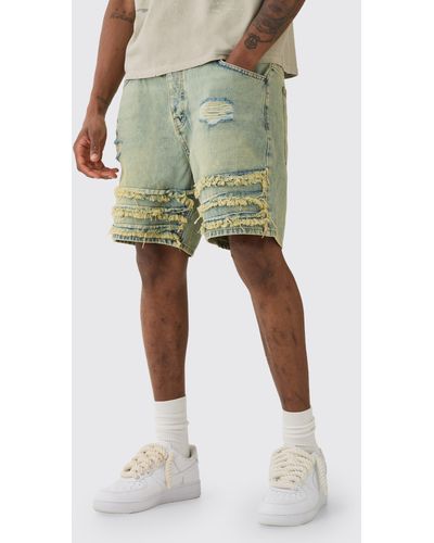 BoohooMAN Relaxed Rigid Distresssed Denim Shorts In Antique Blue - Green