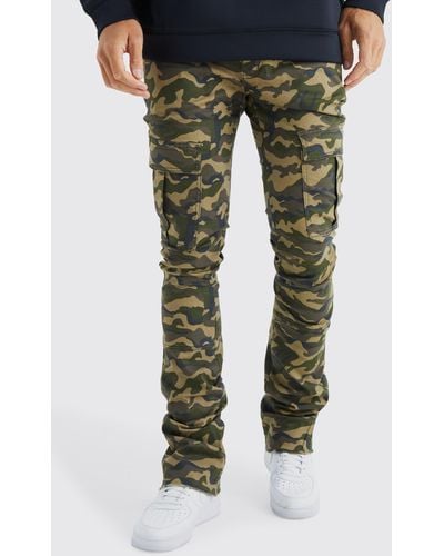 Boohoo Tall Skinny Stacked Flare Gusset Camo Cargo Trouser - Green