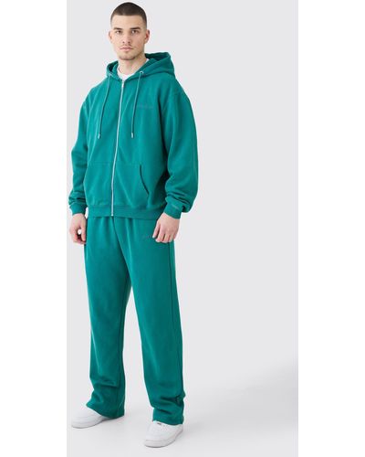 BoohooMAN Tall Oversized Official Boxy Zip Hooded Acid Wash Tracksuit - Blue