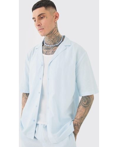 BoohooMAN Tall Linen Drop Revere Shirt In Light Blue - Weiß