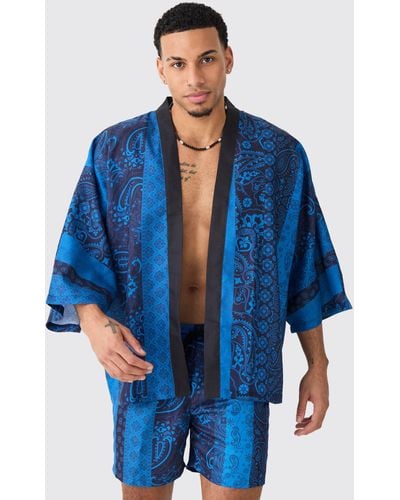 Boohoo Oversized Printed Kimono Shirt And Swim Short Set - Blue
