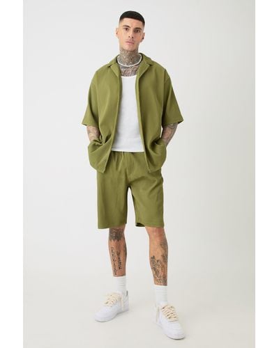 BoohooMAN Tall Oversized Revere Pleated Shirt & Short Set In Khaki - Green