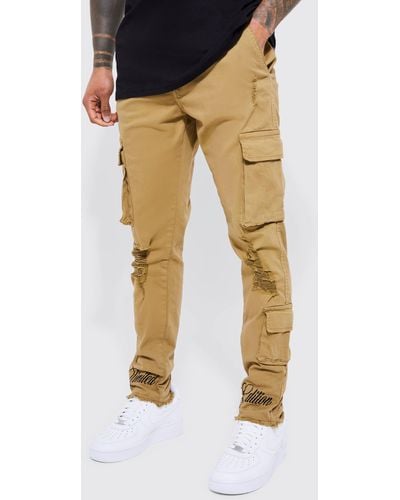 Boohoo Fixed Waist Skinny Rip And Embroidered Cargo Pants - Brown