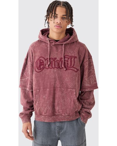 BoohooMAN Oversized Boxy Faux Layer Acid Wash Ofcl Embroidered Hoodie - Rot