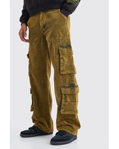 BoohooMAN Baggy Multi Pocket Acid Wash Corduroy Cargo Trouser - Green
